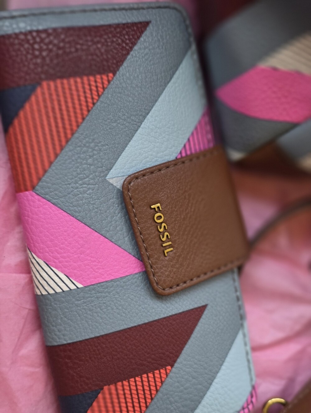 Fossil Brown Tote with Pink, Blue and Cream Geometric Panels - Picture 13 of 16